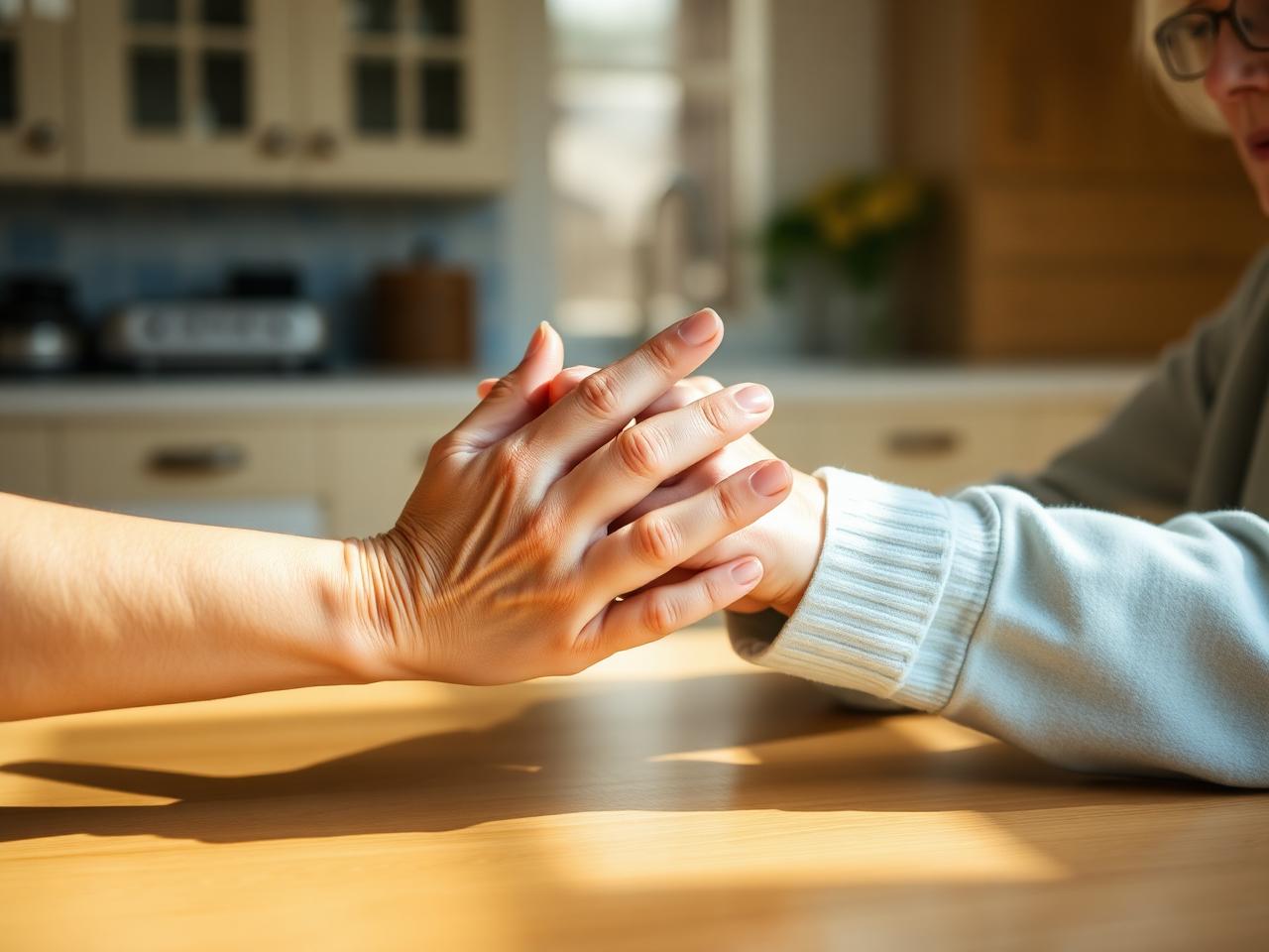 Adult daughter holding her elderly mother's hand at a sunlit kitchen table